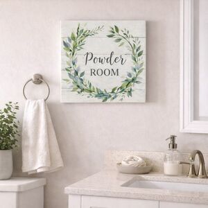 Powder Room Floral Wreath Canvas Wall Art Bathroom Decor Square Sign